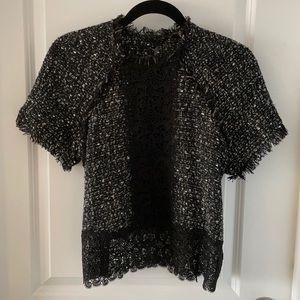 Zara black boucle blouse with lace detailing.